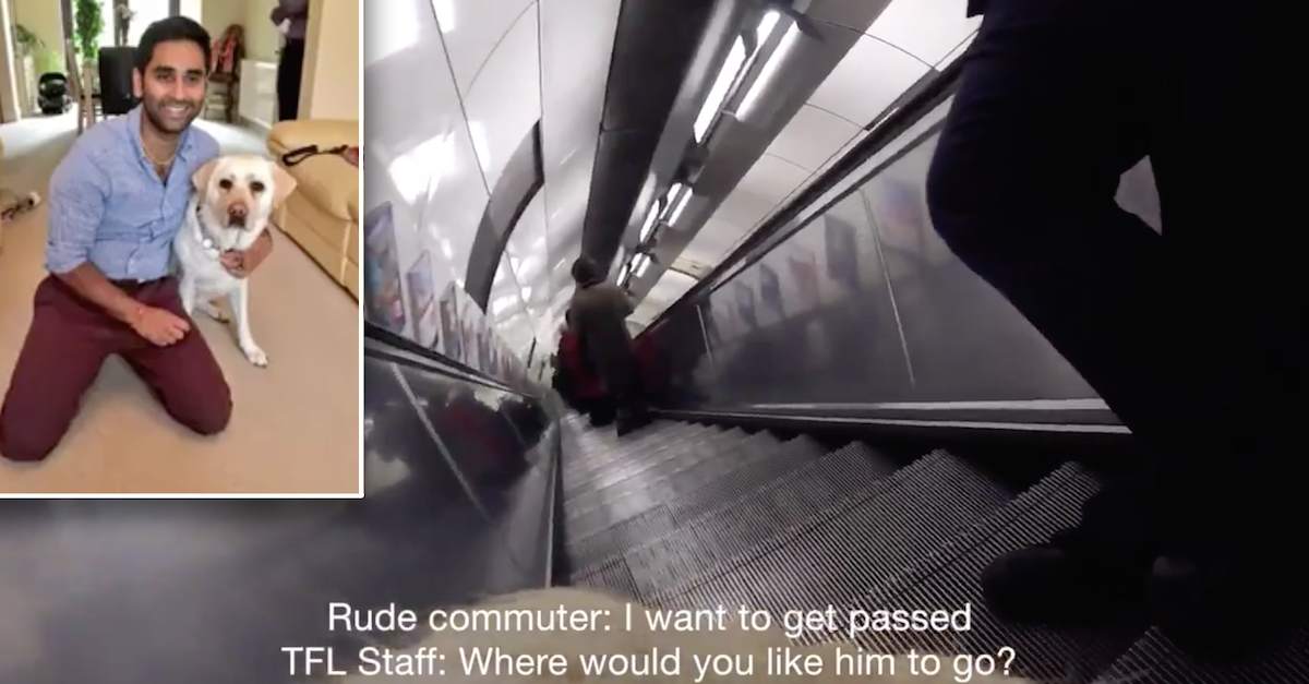 Guide Dog Camera Records Commuter Rudely Confronting Blind Man on Escalator