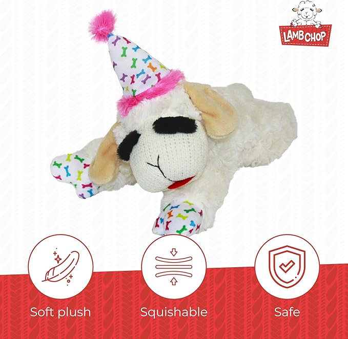 Multipet Lamb Chop With Pink Birthday Hat Plush Dog Toy - Image 3