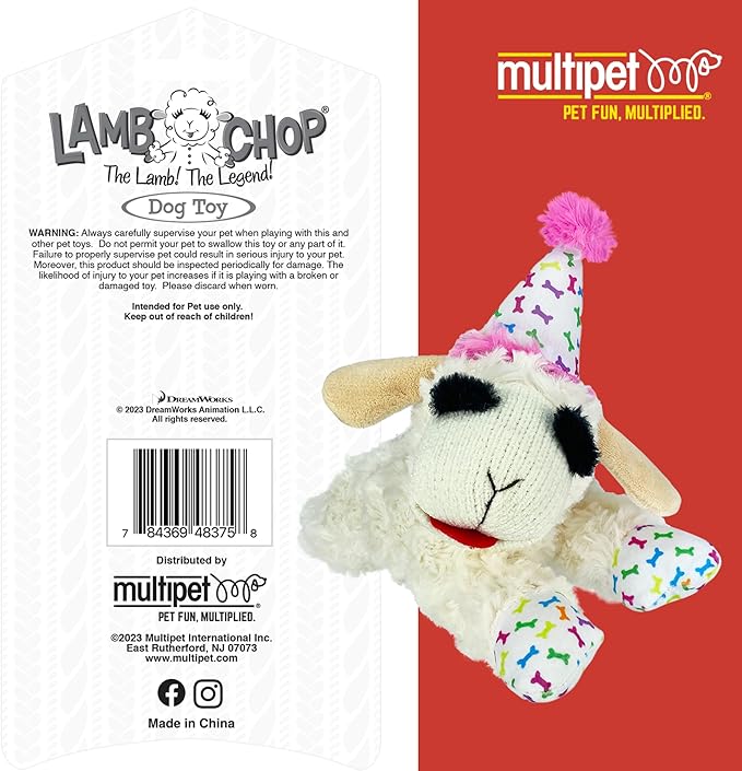 Multipet Lamb Chop With Pink Birthday Hat Plush Dog Toy - Image 2